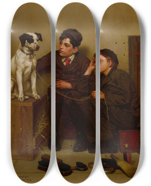 Triptych art skateboard deck of John George Brown In The Hands Of The Enemy by John George Brown (1831-1913)