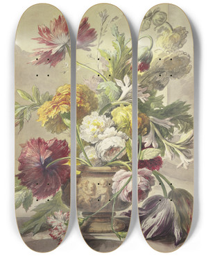 Triptych art skateboard deck of J H Van Loon Blumenstrau In Einer Vase Mit Basrelief Von Mohn Rosen Tulpen Quer Ber Der Vase Hngt Eine Geknickte Nelke by J H Van Loon (1711-1787)