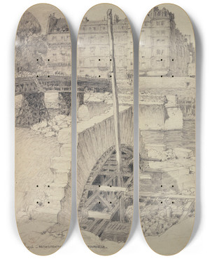 Triptych art skateboard deck of Ferdinand Boberg Reconstruction Du Pont De La Tournelle by Ferdinand Boberg (1860-1946)