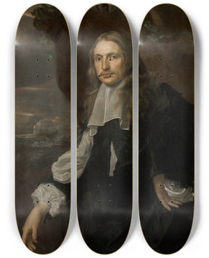Triptych art skateboard deck of Jan Mytens Portrait Of A Gentleman Standing Before A Cliff Threequarter Length by Jan Mijtens
