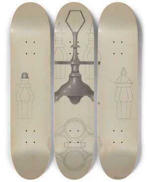 Triptych art skateboard deck of Eugene Barrell Pewter Caster by Eugene Barrell