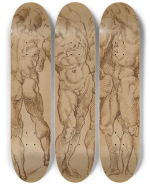 Triptych art skateboard deck of Bartolomeo Passarotti Nude Studies by Bartolomeo Passarotti (1529-1592)