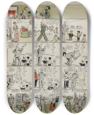 Triptych art skateboard deck of Frederick Burr Opper Happy Hooligan Art Is Long But Happy Is Unlucky by Frederick Burr Opper (1857-1937)