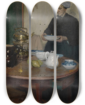 Triptych art skateboard deck of Richard E Miller Woman At The Coffee Table by Richard E Miller (1875-1943)