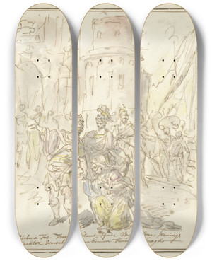 Triptych art skateboard deck of Elias Van Nijmegen Helena Wordt Bij Haar Aankomst In Troje Verwelkomd Door Hector by Elias Van Nijmegen (1667-1755)