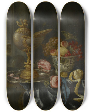 Triptych art skateboard deck of Abraham Van Beyeren Banquet Still Life With Nautiluscup by Abraham Van Beyeren (1620-1690)