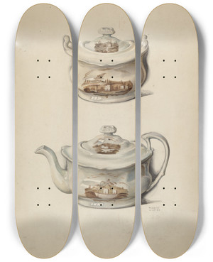 Triptych art skateboard deck of Frances Lichten Sugar Bowl And Teapot by Frances Lichten (1889-1961)