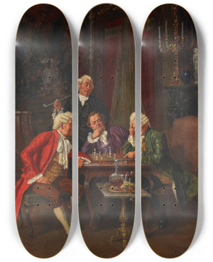 Triptych art skateboard deck of Albert Julius Franke Beim Schachspiel by Albert Julius Franke (1860-1924)