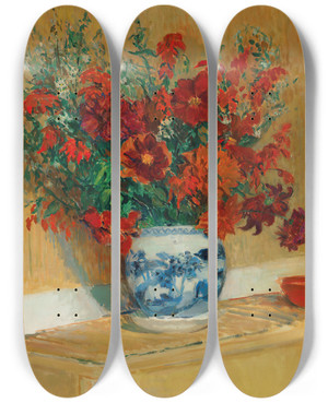 Triptych art skateboard deck of Jacquesmile Blanche Bouquet De Fleurs Au Vase Bleu by Jacques-mile Blanche (1861-1942)