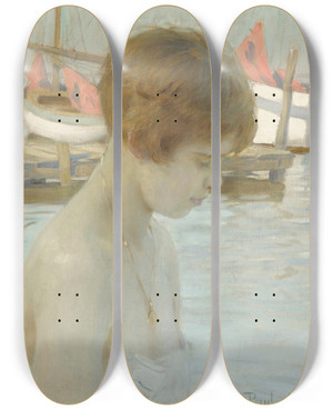 Triptych art skateboard deck of Paul Mile Chabas Young Girl At The Harbor by Paul mile Chabas (1869-1937)