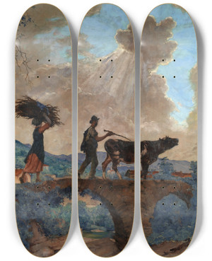 Triptych art skateboard deck of Franois Charles Baude Scene Champtre En Ligurie by Francois Charles Baude