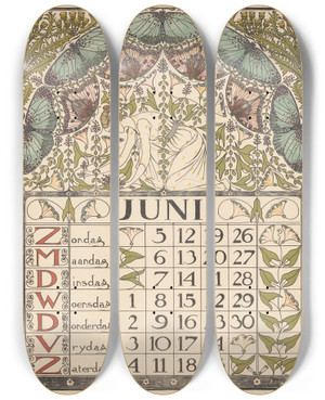 Triptych art skateboard deck of Theo Nieuwenhuis Kalenderblad Voor Juni 1898 by Theo Nieuwenhuis (1866-1951)