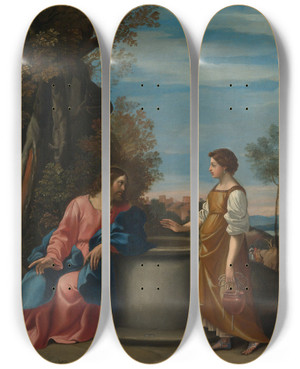 Triptych art skateboard deck of Follower Of Guido Reni Jesus Andthe Woman From Samaria by Follower Of Guido Reni (1575-1642)