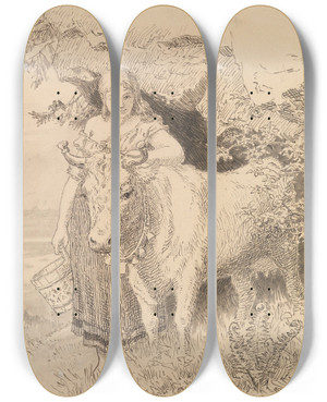 Triptych art skateboard deck of Hans Gude Foran Gikk Der Ei Svr Jente Som Hadde Ei Drivende Kvit Mjlkekolle I Handa by Hans Gude (1825-1903)