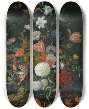 Triptych art skateboard deck of Jacob Rootius Still Life Of Flowers In A Vase On A Stone Ledge With A Corn Cob And A Snail by Jacob Rootius (1644-1681)