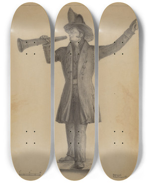 Triptych art skateboard deck of Bernard Westmacott Wooden Figure by Bernard Westmacott