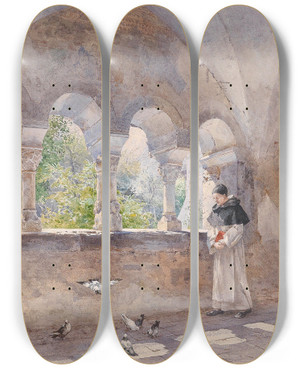 Triptych art skateboard deck of Hugo Darnaut Kreuzgang In Der Zisterzienserabtei Millstadt by Hugo Darnaut (1850-1937)