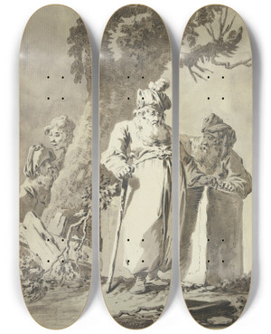 Triptych art skateboard deck of Tiberius Dominikus Wocher Zwei Magier An Einem Steinblock Stehend In Der Betrachtung Am Boden Beieinander Liegender Stcke Bearbeiteten Und Unbearbeiteten Holzes by Tiberius Dominikus Wocher (1728-1799)