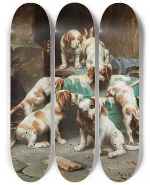 Triptych art skateboard deck of Carl Reichert Beagle Puppies Feasting by Carl Reichert (1836-1918)