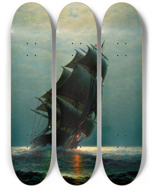Triptych art skateboard deck of James Gale Tyler Ship In The Night by James Gale Tyler (1855-1931)
