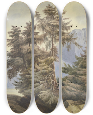 Triptych art skateboard deck of Ludwig Daniel Philipp Schmidt Three Fir Trees In The Mountains by Ludwig Daniel Philipp Schmidt