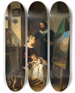 Triptych art skateboard deck of Johann Matthias Ranftl The Painters Family In His Studio by Johann Matthias Ranftl (1804-1854)