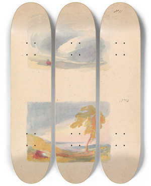 Triptych art skateboard deck of Thomas Sully Sky Study Turners Principle No 11 Landscape With Hills And Tree No 12 by Thomas Sully (1783-1872)