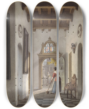 Triptych art skateboard deck of Louis Henri De Fontenay Meid Die De Gang Van Een Huis Veegt by Louis Henri De Fontenay (1800-1852)