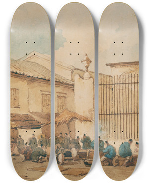 Triptych art skateboard deck of George Chinnery A Market Outside The Railings Of St Dominics Church Macau by George Chinnery (1774-1852)