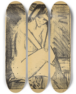Triptych art skateboard deck of Otto Mueller Sitzende In Strmpfen by Otto Mueller (1874-1930)