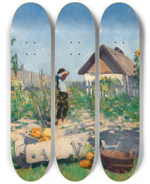 Triptych art skateboard deck of Jeno Kemenyffy A Gardener In A Late Summer Garden by Jeno Kemenyffy (1875-1920)
