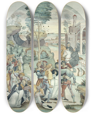 Triptych art skateboard deck of Johann Anton Ramboux Saint Catherine Of Siena Rescues Two Dominicans From The Hands Of Robbers by Johann Anton Ramboux (1790-1866)