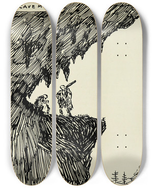 Triptych art skateboard deck of Hendrik Willem Van Loon The Caveman by Hendrik Willem Van Loon (1882-1944)
