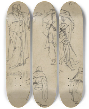 Triptych art skateboard deck of Marius Bauer Figuren In Kostuums Uit 1350 En 1370 by Marius Bauer (1867-1932)