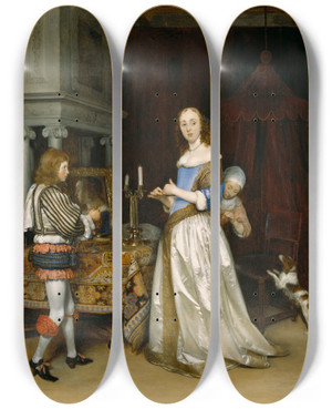 Triptych art skateboard deck of Gerard Ter Borch Lady At Her Toilette by Gerard Ter Borch (1617-1681)