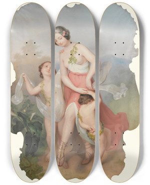 Triptych art skateboard deck of Continental School Girl With Two Dancing Children by Continental School