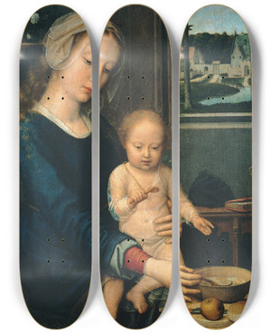 Triptych art skateboard deck of Gerard David Madonna And Child With The Milk Soup by Gerard David (1460-1523)