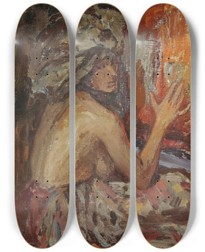 Triptych art skateboard deck of Jan Cigliski Fire by Jan Ciaglinski (1858-1913)