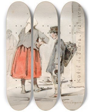 Triptych art skateboard deck of Pieter Van Loon Mensen In Klederdracht Uit Omgeving Van Boulogne_1 by Pieter Van Loon (1801-1873)