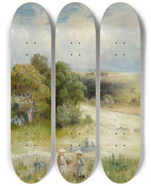 Triptych art skateboard deck of Hamilton Hamilton Flower Picking by Hamilton Hamilton (1847-1928)