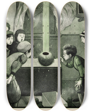Triptych art skateboard deck of Peter Newell The Rocket Book Pl 10 by Peter Newell (1862-1924)