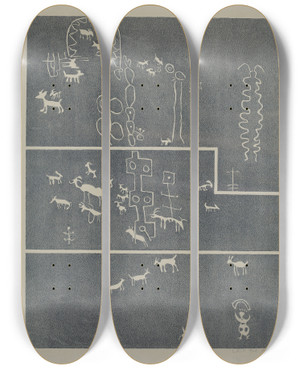 Triptych art skateboard deck of Lala Eve Rivol Petroglyph_12 by Lala Eve Rivol