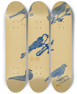 Triptych art skateboard deck of American 20Th Century Bird Decorations On Stoneware by American 20Th Century