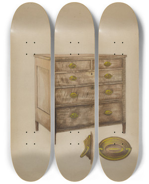 Triptych art skateboard deck of Eva Wilson Chest by Eva Wilson