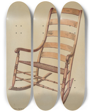 Triptych art skateboard deck of J Howard Iams Ladder Back Rocking Chair by J Howard Iams (20-)