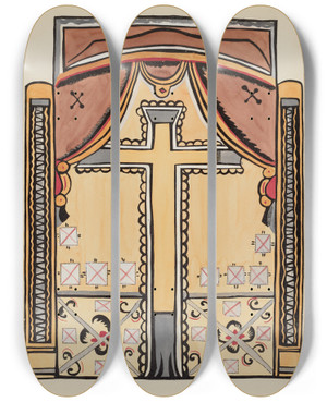 Triptych art skateboard deck of American 20Th Century Plate 13 Design With Cross From Portfolio Spanish Colonial Designs Of New Mexico_1 by American 20Th Century