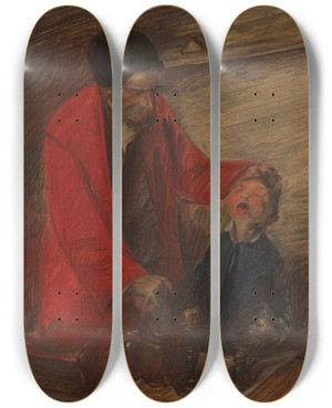 Triptych art skateboard deck of Wilhelm Busch Beim Landarzt by Wilhelm Busch (1832-1908)