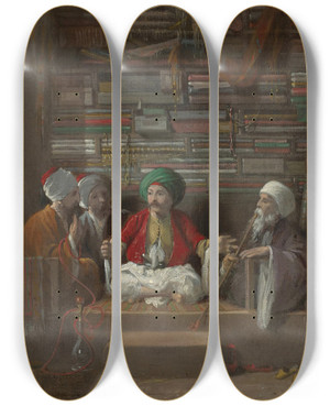Triptych art skateboard deck of Walter Gould The Fabric Merchant by Walter Gould (1829-1893)