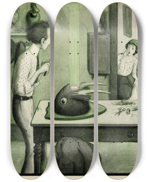 Triptych art skateboard deck of Peter Newell The Rocket Book Pl 21 by Peter Newell (1862-1924)