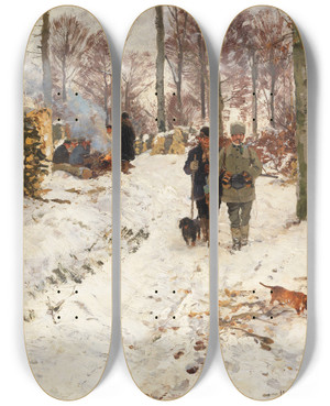Triptych art skateboard deck of Hugo Mhlig Jagdpause by Hugo Muhlig (1854-1929)